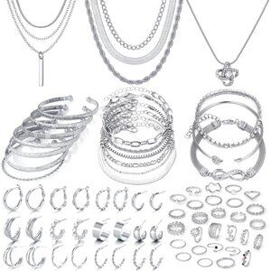 36 PC Silver Plated Jewelry Set With 3 Necklace, 12 Bracelet, 7 Ear Cuffs Earrin
